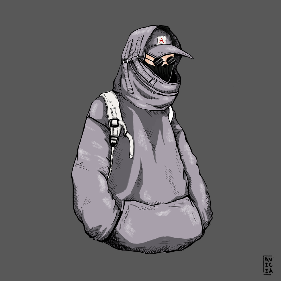 Character illustration of a hooded figure in layered streetwear
