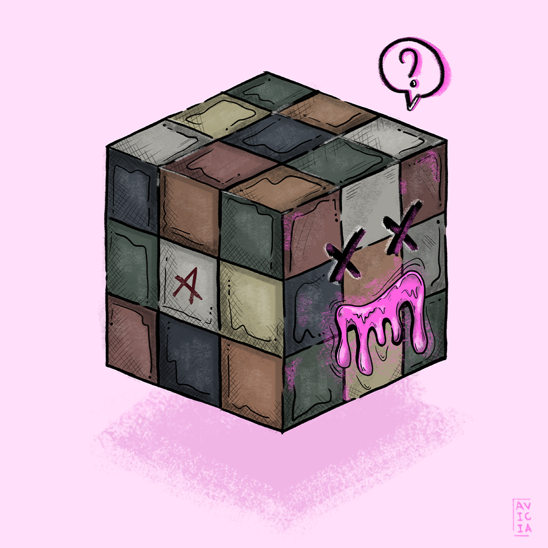 Character illustration of a cube creature with a melting pink face
