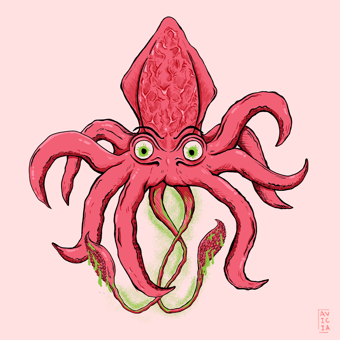 Character illustration of a pink demon squid creature