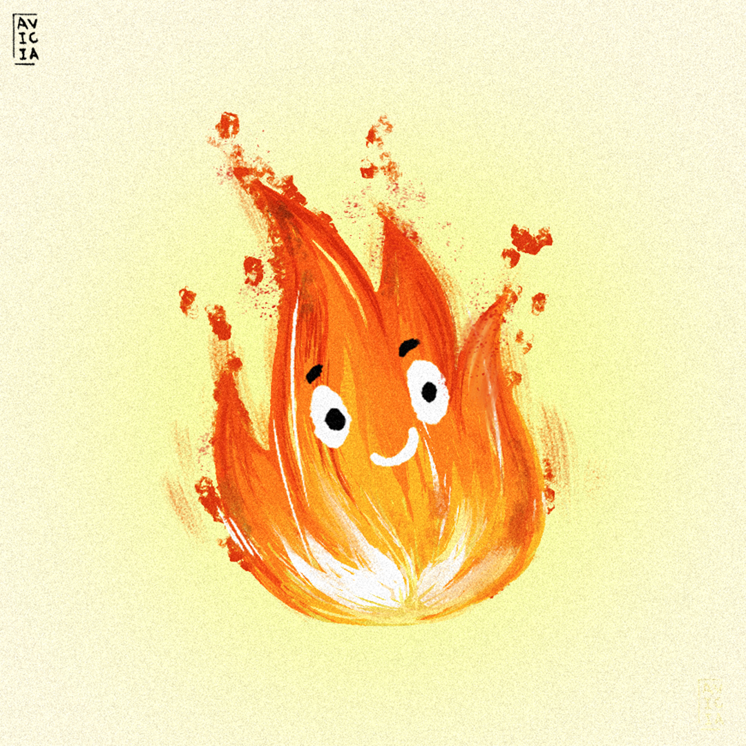 Character illustration of a smiling flame mascot