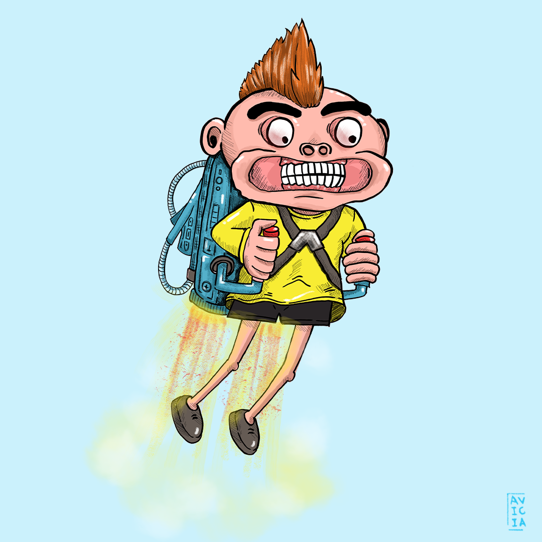 Character illustration of a boy with a jetpack flying upward