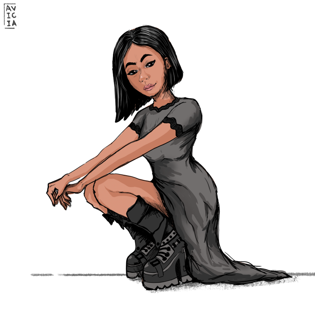 Character portrait illustration of a seated woman in a dark dress and platform boots