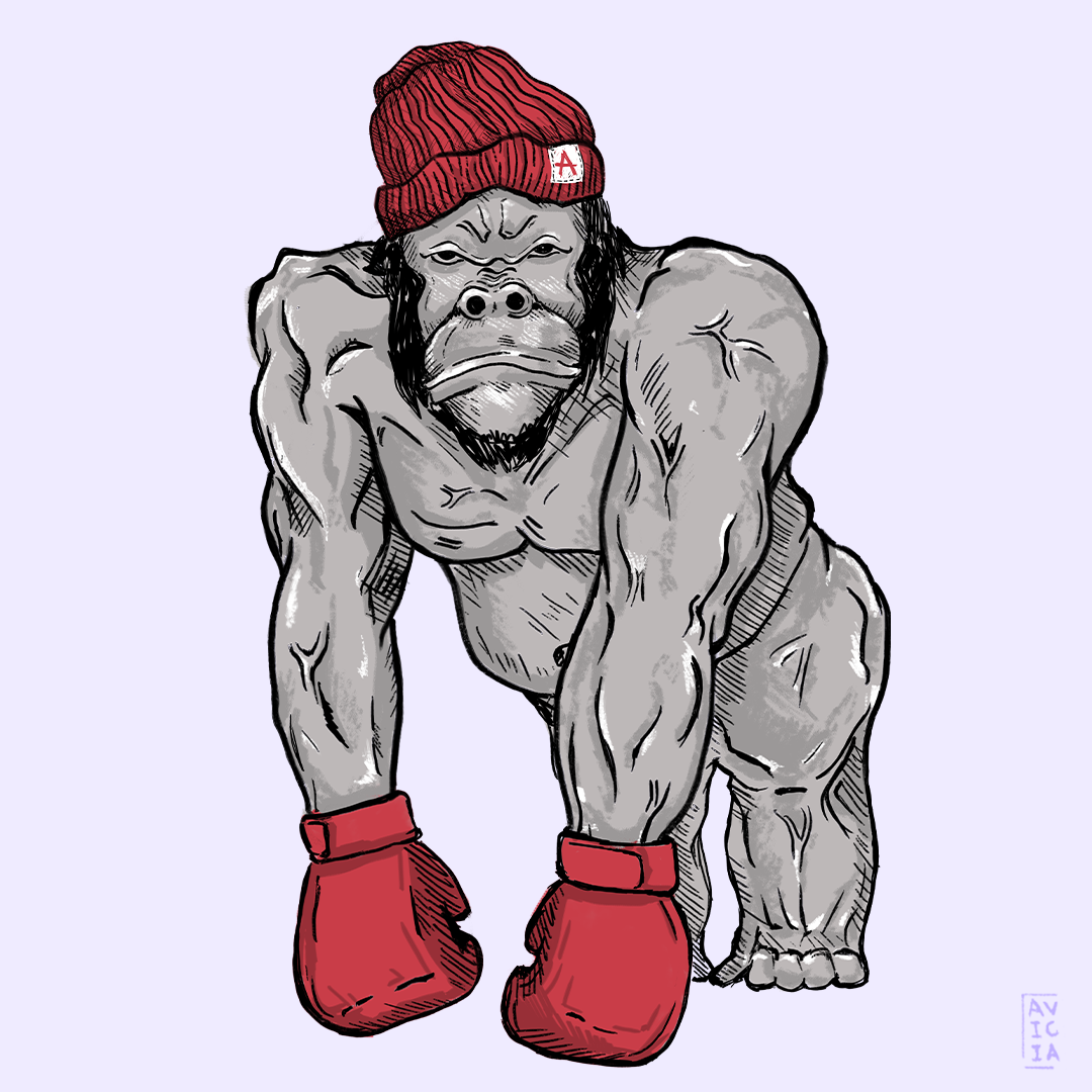 Character illustration of a muscular monkey boxer wearing gloves and a beanie