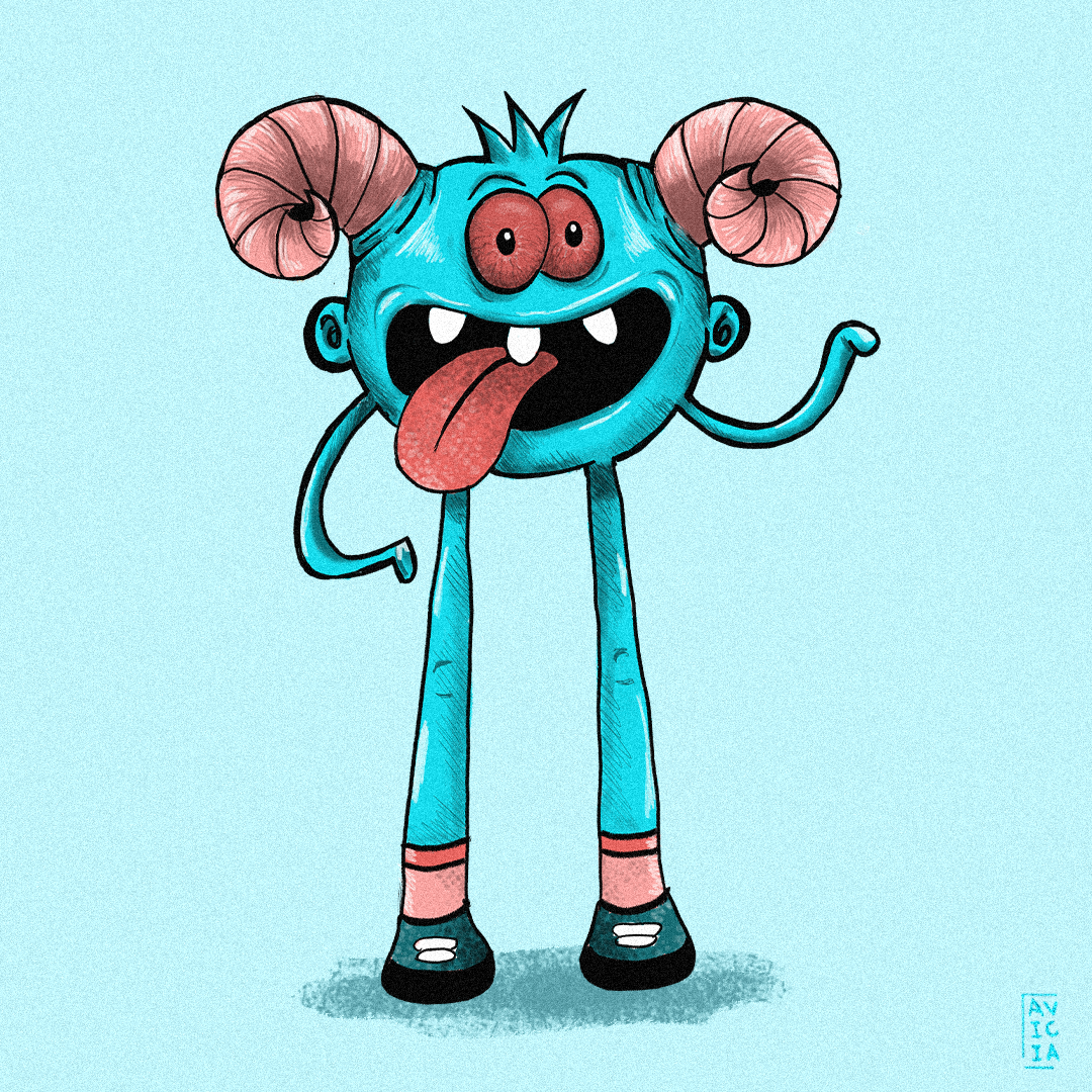 Character illustration of a blue monster with curled horns and long legs