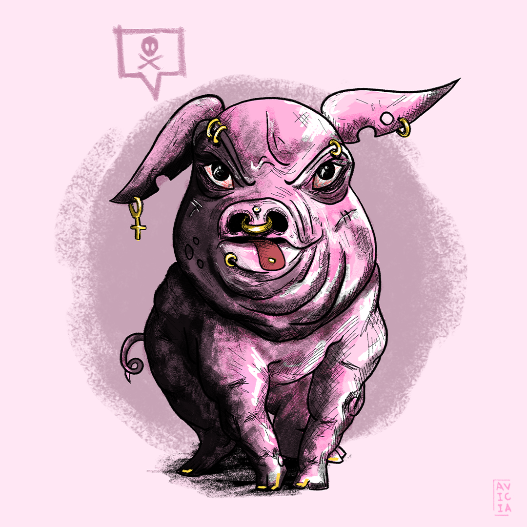Character illustration of a punk-inspired pig with piercings