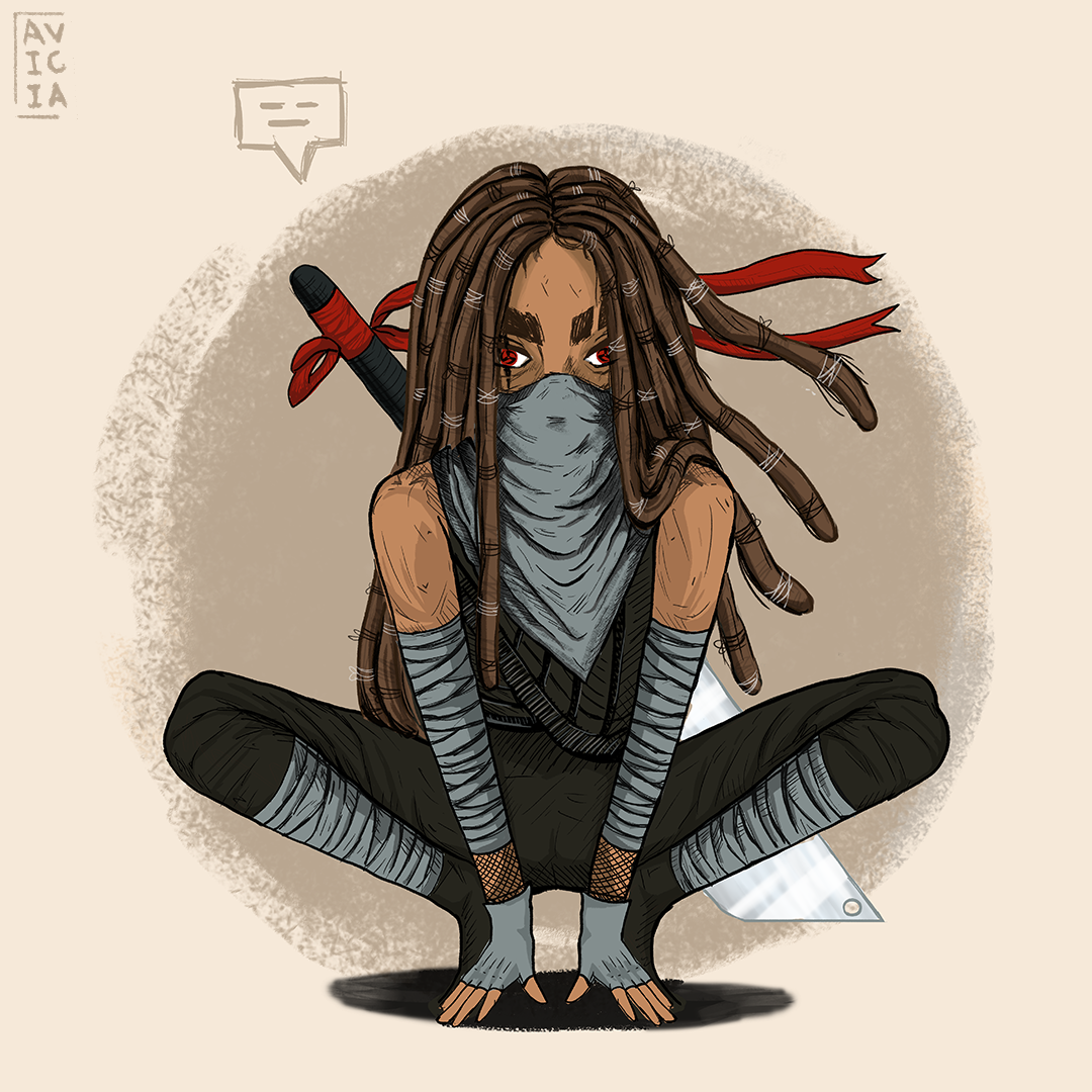 Character illustration of a crouching masked fighter with a blade