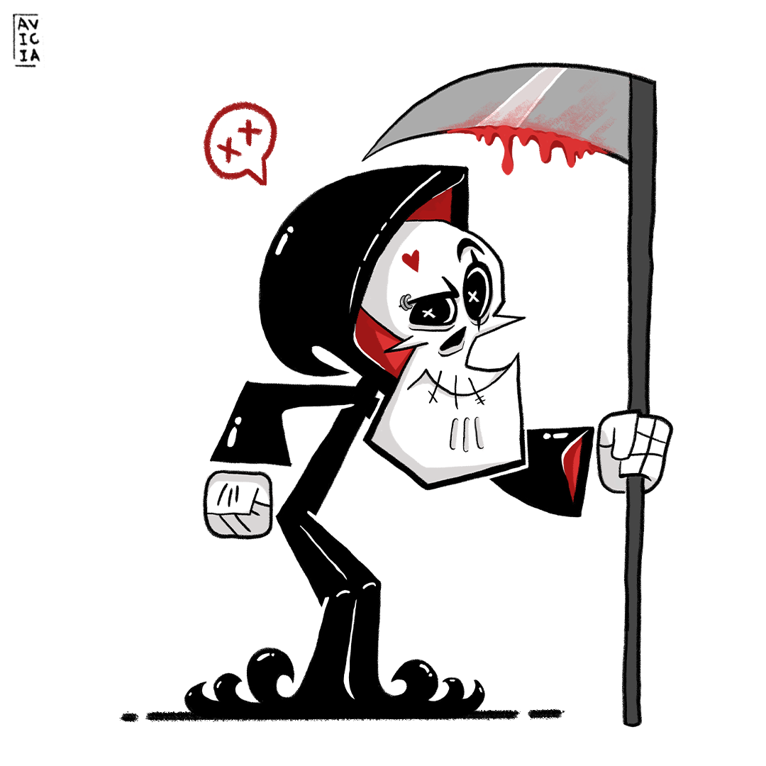 Character illustration of a cartoon grim reaper holding a scythe