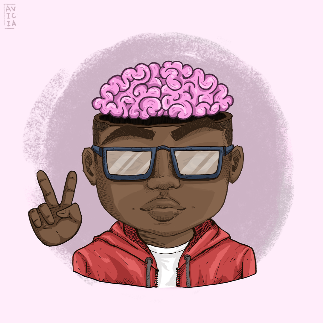 Character illustration of a boy with a visible pink brain and glasses
